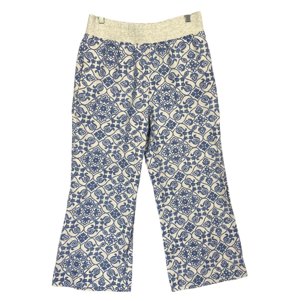Soft Surroundings 100% Linen Pants Womens Medium Wide Leg Crop Blue Floral 31x26